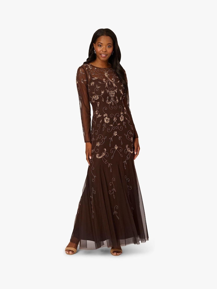 Adrianna Papell Studio Bead Long Sleeve Brown Dress - Image 1 of 6 Adrianna Papell Studio Bead Long Sleeve Brown Dress - Image 1 of 6