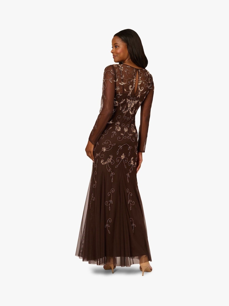 Adrianna Papell Studio Bead Long Sleeve Brown Dress - Image 2 of 6 Adrianna Papell Studio Bead Long Sleeve Brown Dress - Image 2 of 6