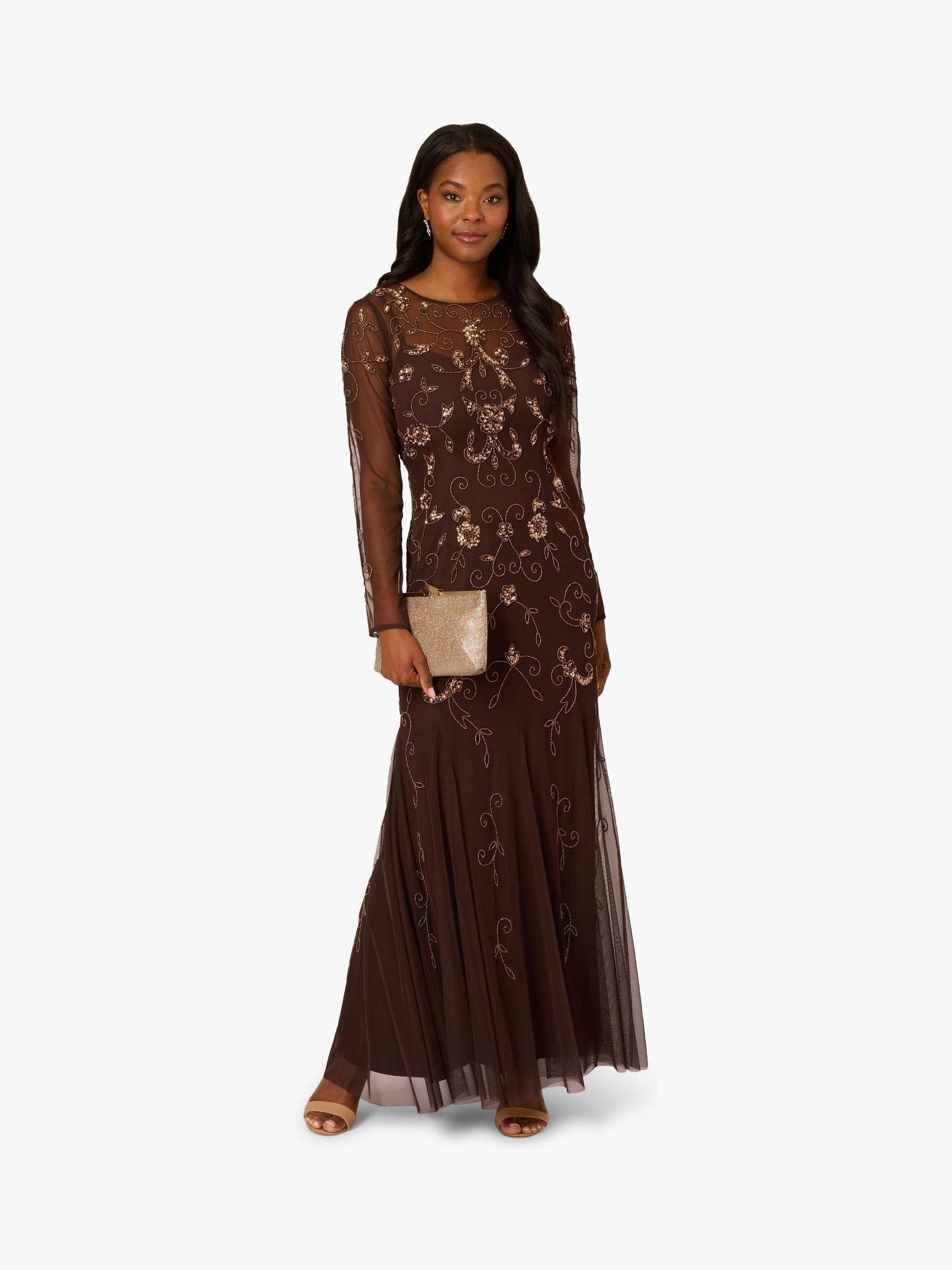 Buy Adrianna Papell Brown Studio Bead Long Sleeve Dress from the
