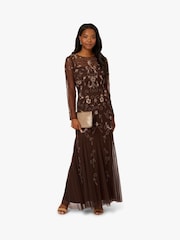 Adrianna Papell Studio Bead Long Sleeve Brown Dress - Image 4 of 6