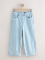 Gebleicht, blau, bestickt - Cropped-Jeans mit weitem Bein - Bild 1 von 4