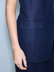 Navy Blue Linen Rich Longline Sleeveless Blazer - Image 5 of 8