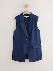Navy Blue Linen Rich Longline Sleeveless Blazer - Image 6 of 8
