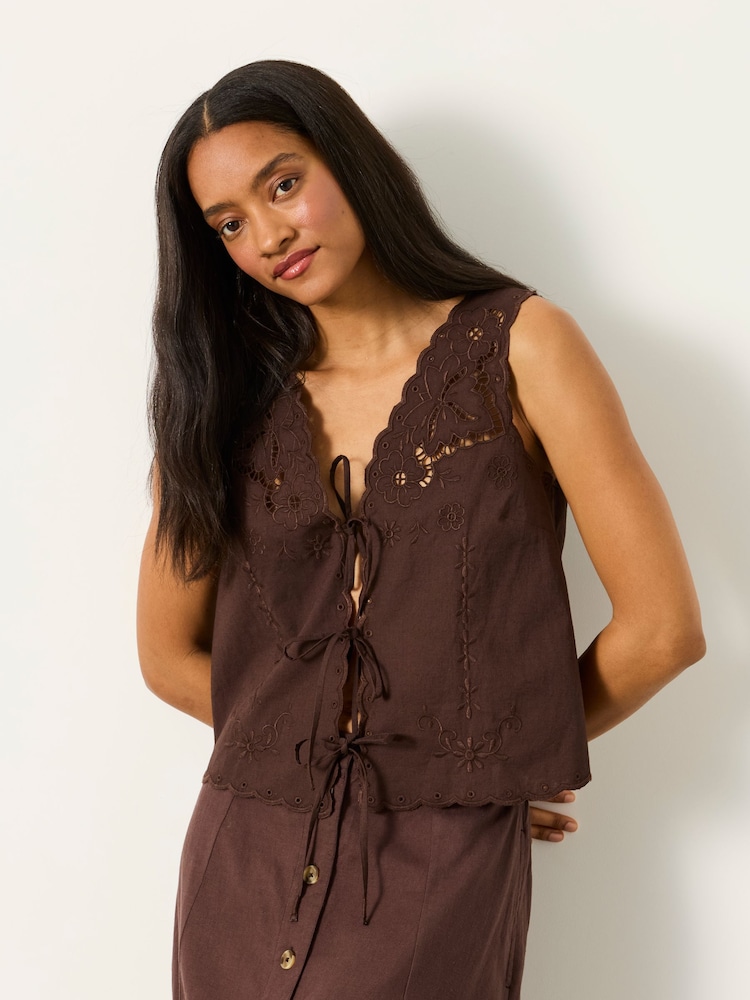 FatFace Becky Chocolate Brown Embroidered Waistcoat - Image 1 of 6