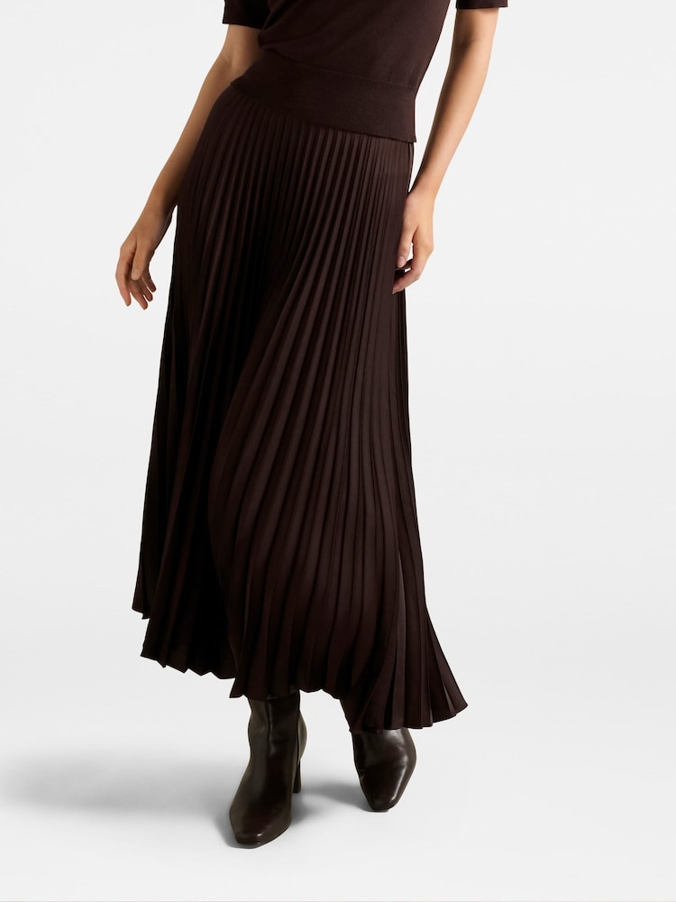 Forever New Brown Estelle Satin Pleated Midi Skirt - Image 1 of 5 Forever New Brown Estelle Satin Pleated Midi Skirt - Image 1 of 5