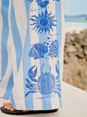 藍色／白色印花 - 亞麻混紡寬褲管褲裝 - 圖片 5，共 8