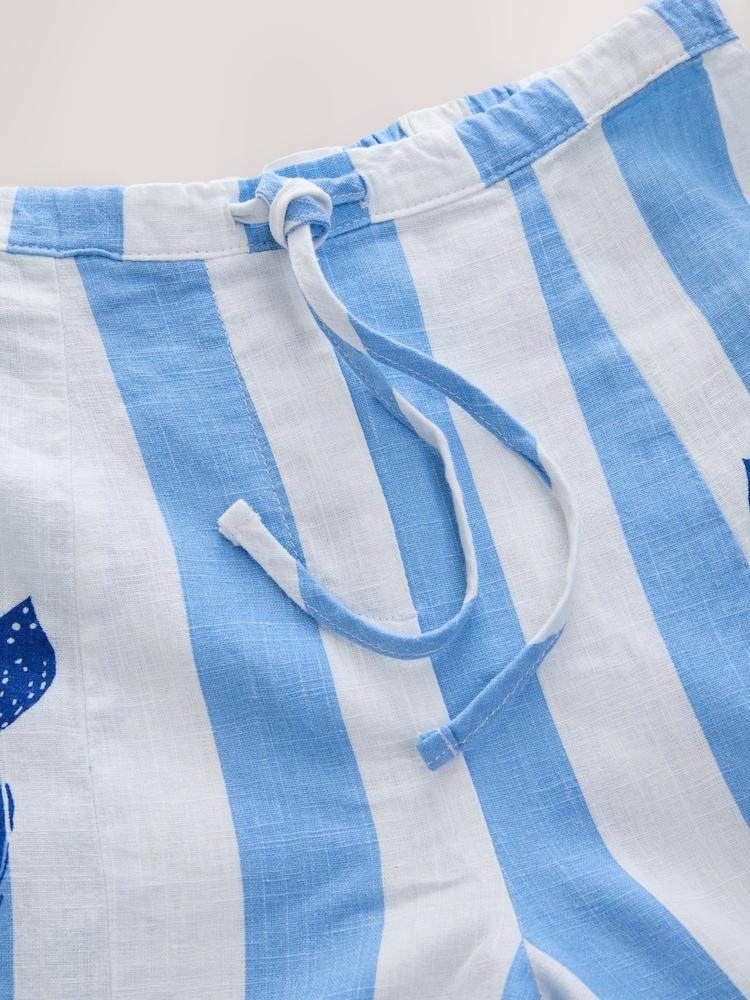 藍色／白色印花 - 亞麻混紡寬褲管褲裝 - 圖片 8，共 8