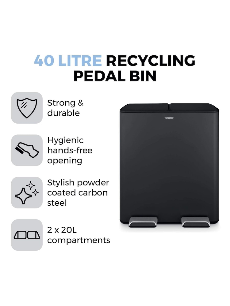Tower Black 40L Pedal Bin 2 x 20L - Image 2 of 7 Tower Black 40L Pedal Bin 2 x 20L - Image 2 of 7