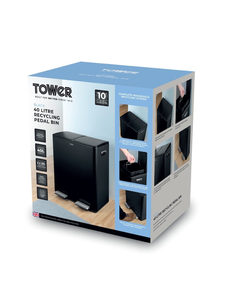 Tower Black 40L Pedal Bin 2 x 20L - Image 7 of 7 Tower Black 40L Pedal Bin 2 x 20L - Image 7 of 7