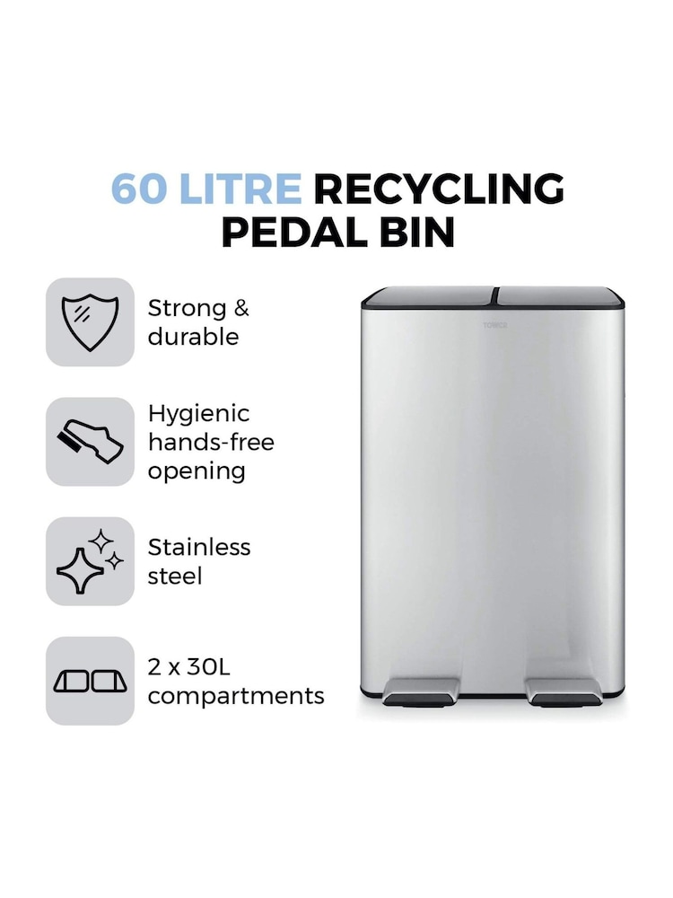 Tower Stainless Steel 60L Pedal Bin, 2 x 30L - Image 2 of 8