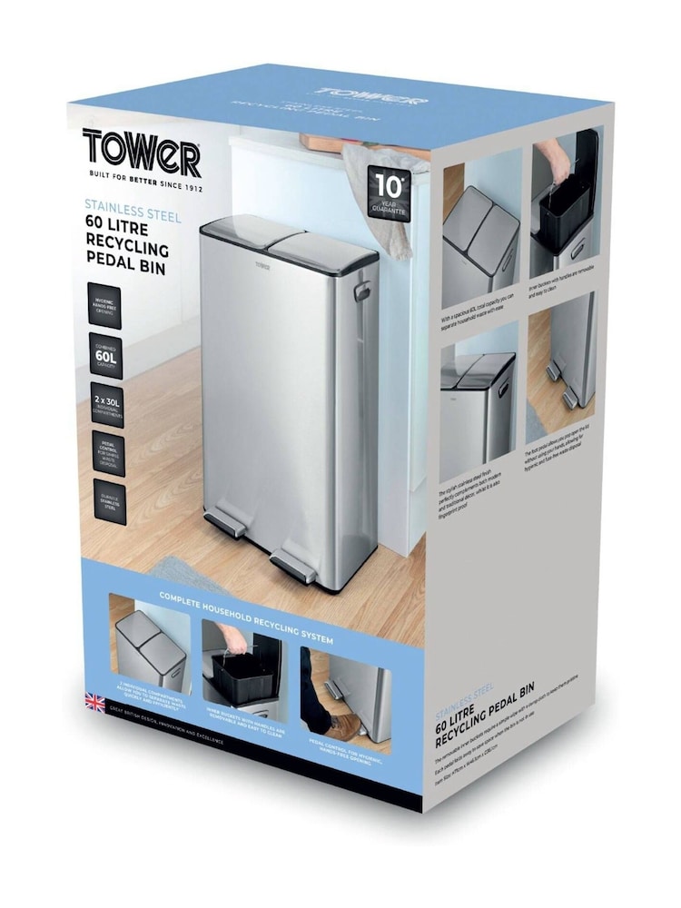 Tower Stainless Steel 60L Pedal Bin, 2 x 30L - Image 8 of 8