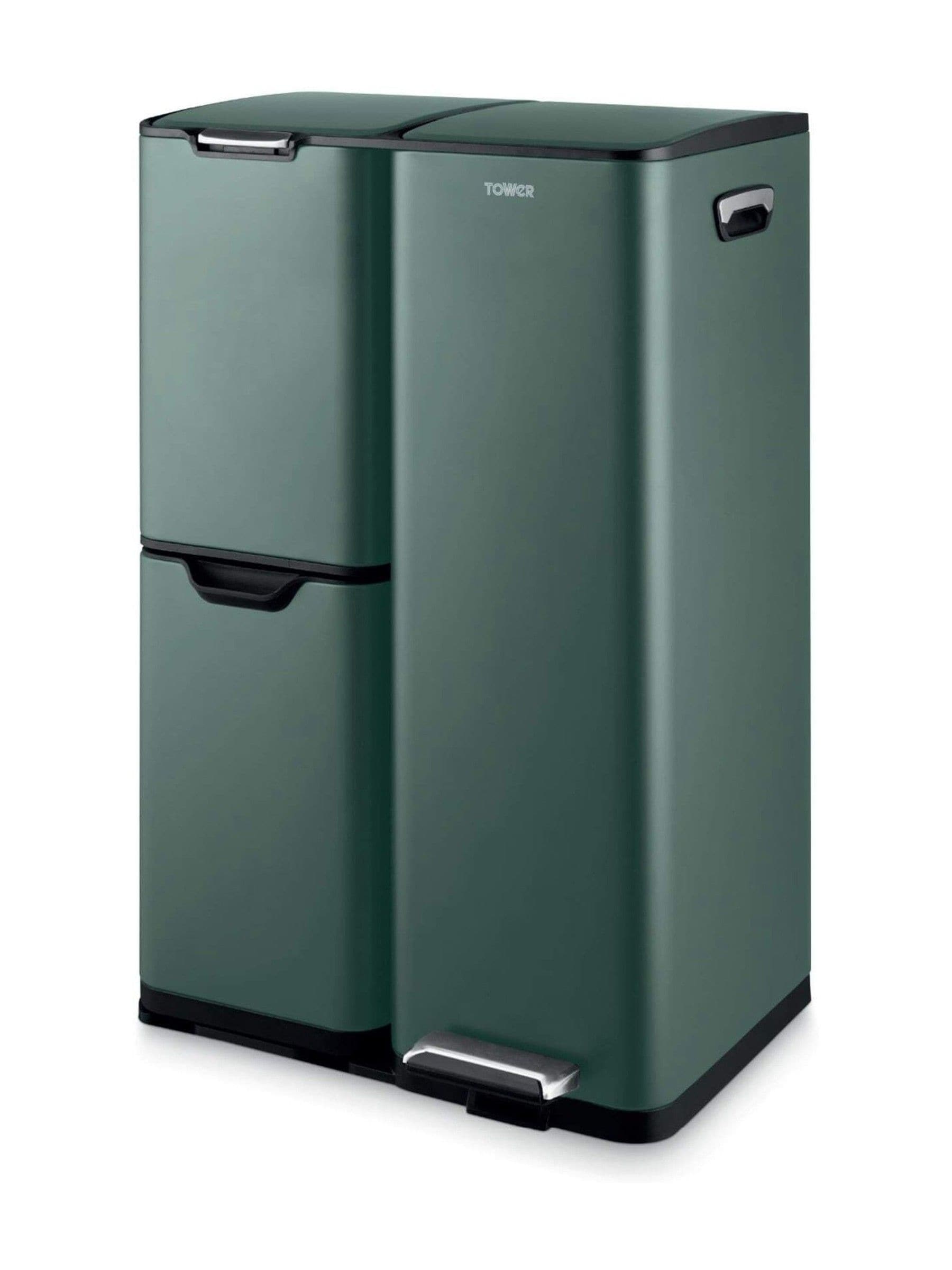Tower Recycling Pedal Bin, Three Individual 60 Litres, Forest Green - Image 5