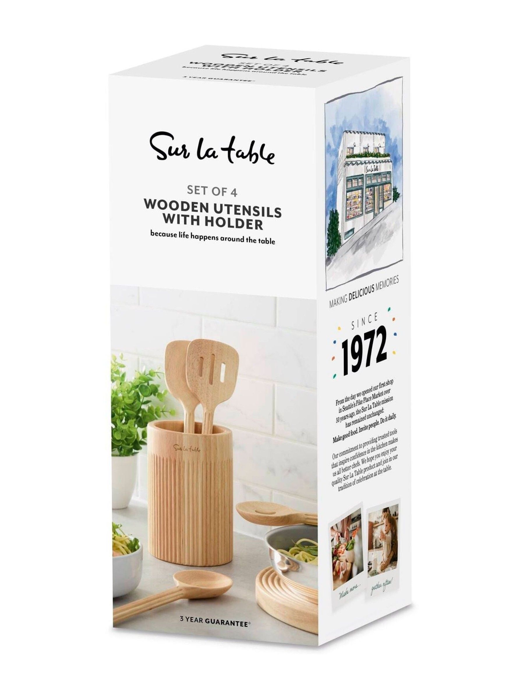 Sur La Table Set of 4 Wooden Utensils with Holder, Solid Turner/Solid Spoon/Slotted Turner/Slotted Spoon, Easy to Clean, Made from Hevea Wood with FSC Certified Materials SLT847091 - Image 4