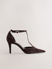 Chocolate Brown Leather Forever Comfort® Leather Two Part T Bar Embellished Heels - Image 1 of 5