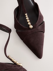 Chocolate Brown Leather Forever Comfort® Leather Two Part T Bar Embellished Heels - Image 9 of 10