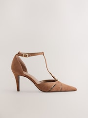 Tan Brown Suede Forever Comfort® Leather Two Part T Bar Embellished Heels - Image 1 of 5