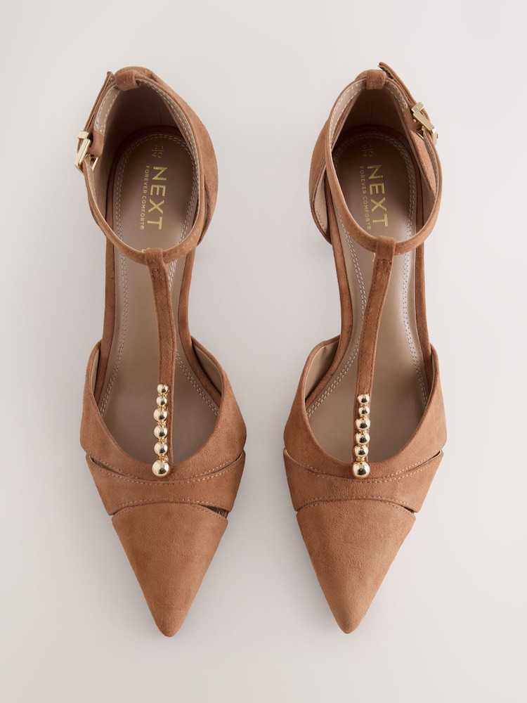 Tan Brown Suede Forever Comfort® Leather Two Part T Bar Embellished Heels - Image 2 of 5