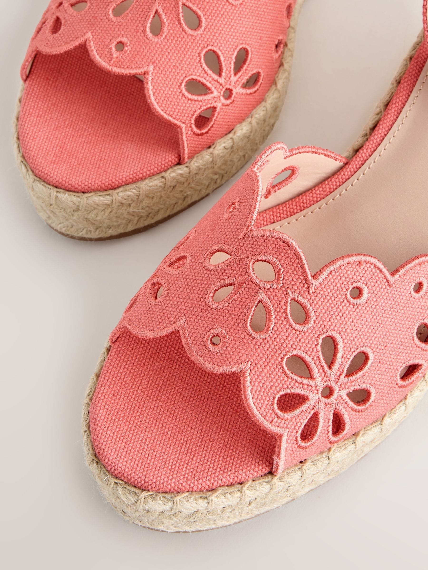 Buy Peach Pink Forever Comfort® Broderie Open Toe Wedges from the