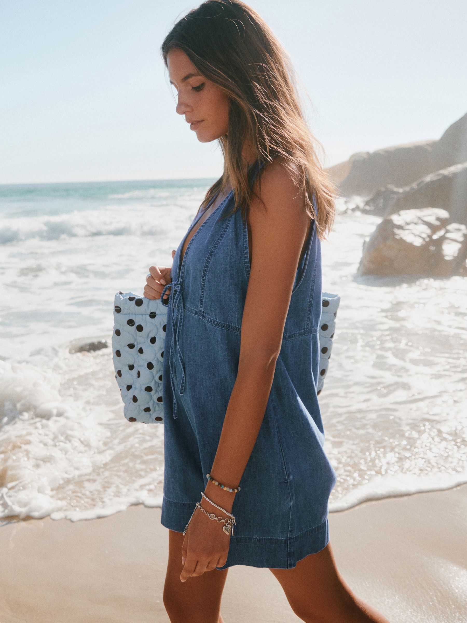 Buy Mid Blue V-Neck Tie Front Denim Playsuit from the Next UK