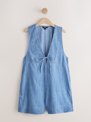 Синій - V-Neck Tie Front Denim Playsuit - Image 6 of 8