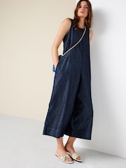 Rinse Blue Open Back Beach Cropped Lightweight Denim Jumpsuit - Image 1 of 8