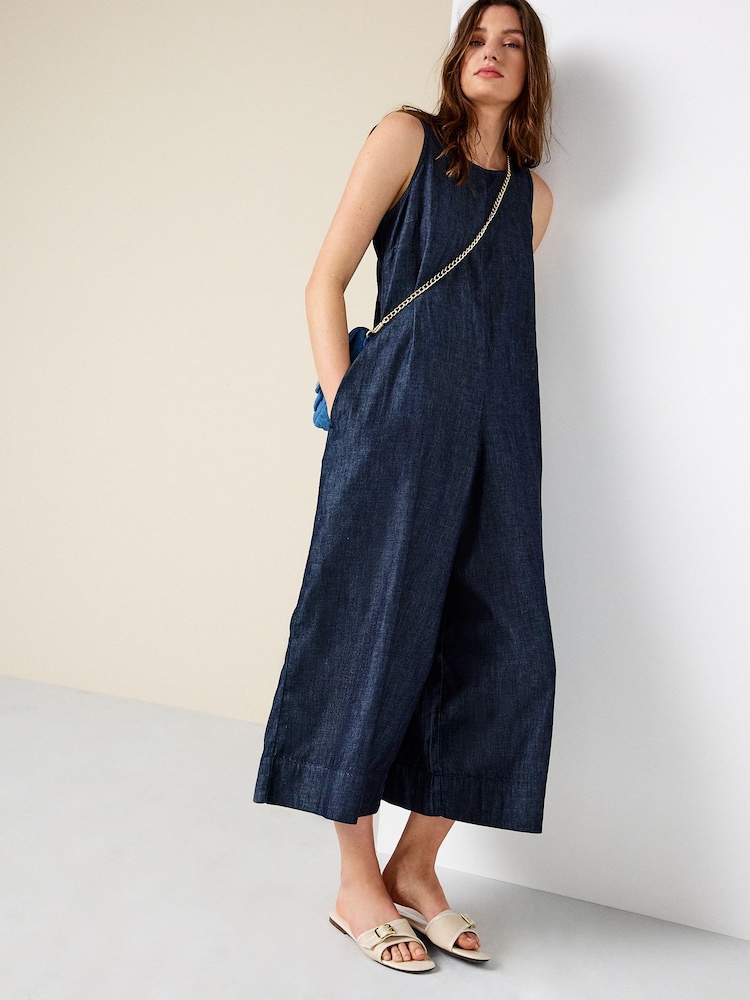 Rinse Blue Open Back Beach Cropped Lightweight Denim Jumpsuit - Image 1 of 8