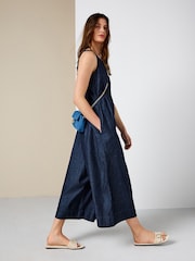 Rinse Blue Open Back Beach Cropped Lightweight Denim Jumpsuit - Image 2 of 8