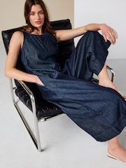 Rinse Blue Open Back Beach Cropped Lightweight Denim Jumpsuit - Image 3 of 8