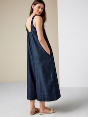Rinse Blue Open Back Beach Cropped Lightweight Denim Jumpsuit - Image 4 of 8