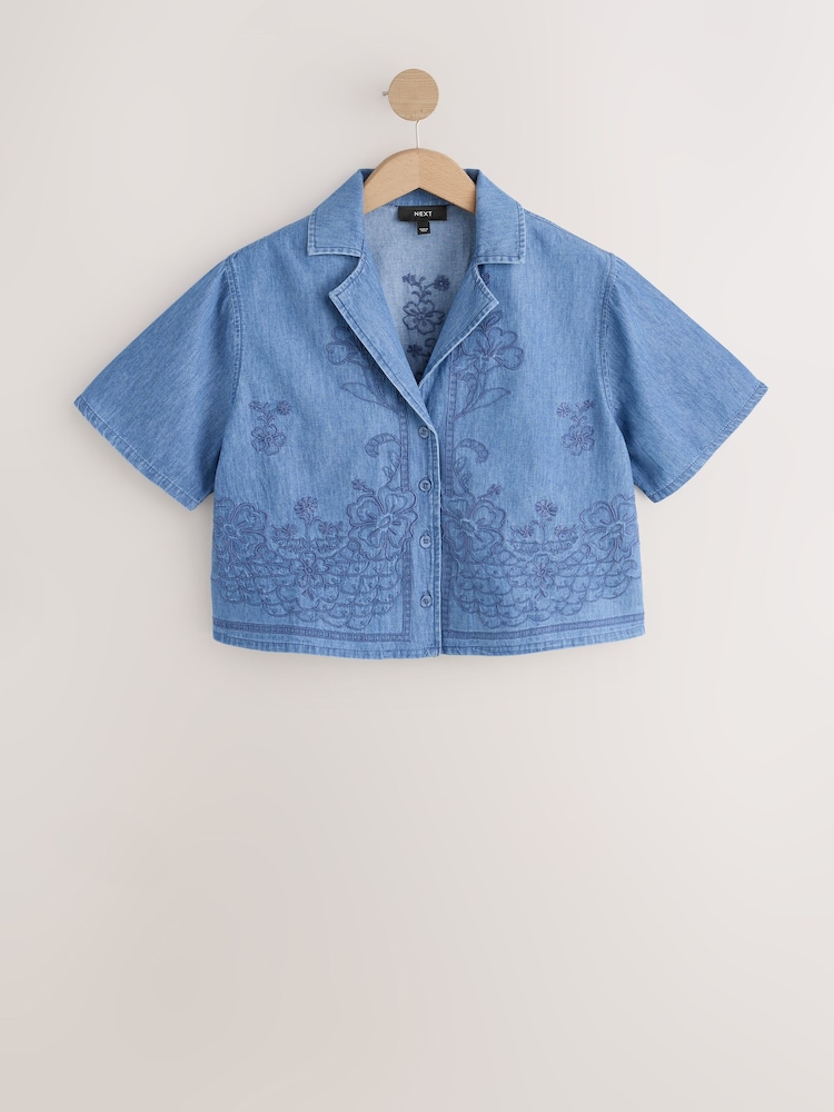 Mid Blue Embroidered Short Sleeve Denim Shirt - Image 1 of 3 Mid Blue Embroidered Short Sleeve Denim Shirt - Image 1 of 3