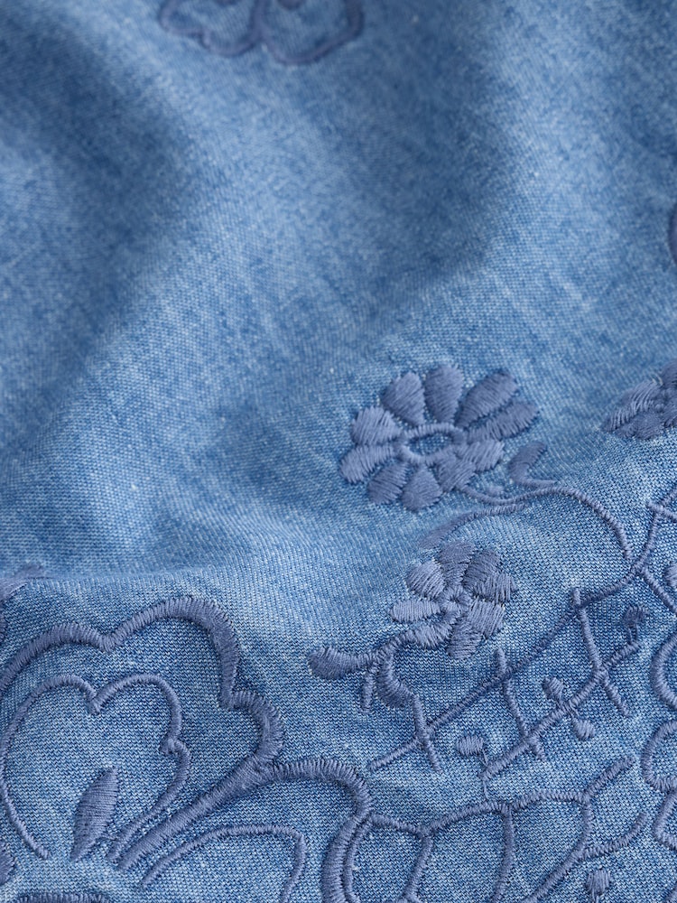 Mid Blue Embroidered Short Sleeve Denim Shirt - Image 2 of 3 Mid Blue Embroidered Short Sleeve Denim Shirt - Image 2 of 3