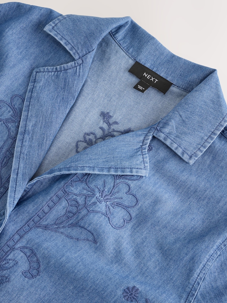 Mid Blue Embroidered Short Sleeve Denim Shirt - Image 3 of 3 Mid Blue Embroidered Short Sleeve Denim Shirt - Image 3 of 3