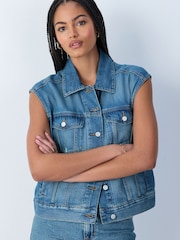 Mid Blue Sleeveless Relaxed Denim Trucker Jacket - Image 1 of 5