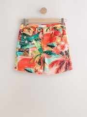 Tropical Coral Print Split Hem High Rise Denim Shorts - Image 1 of 4