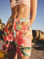 Tropical Coral Print - Split Hem High Rise Denim Shorts - תמונה 6 מתוך 9