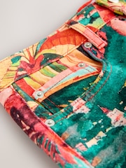 Tropical Coral Print - Split Hem High Rise Denim Shorts - תמונה 8 מתוך 9