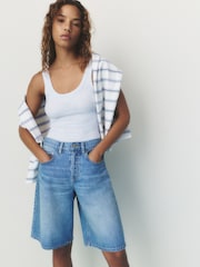 self. Mid Blue Slouch Denim Jort Shorts - Image 1 of 9