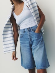 self. Mid Blue Slouch Denim Jort Shorts - Image 2 of 9