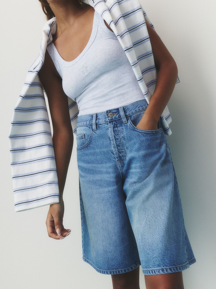 self. Mid Blue Slouch Denim Jort Shorts - Image 2 of 9 self. Mid Blue Slouch Denim Jort Shorts - Image 2 of 9