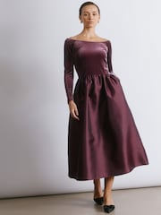 Albaray Red Velvet & Taffeta Bardot Dress - Image 1 of 4