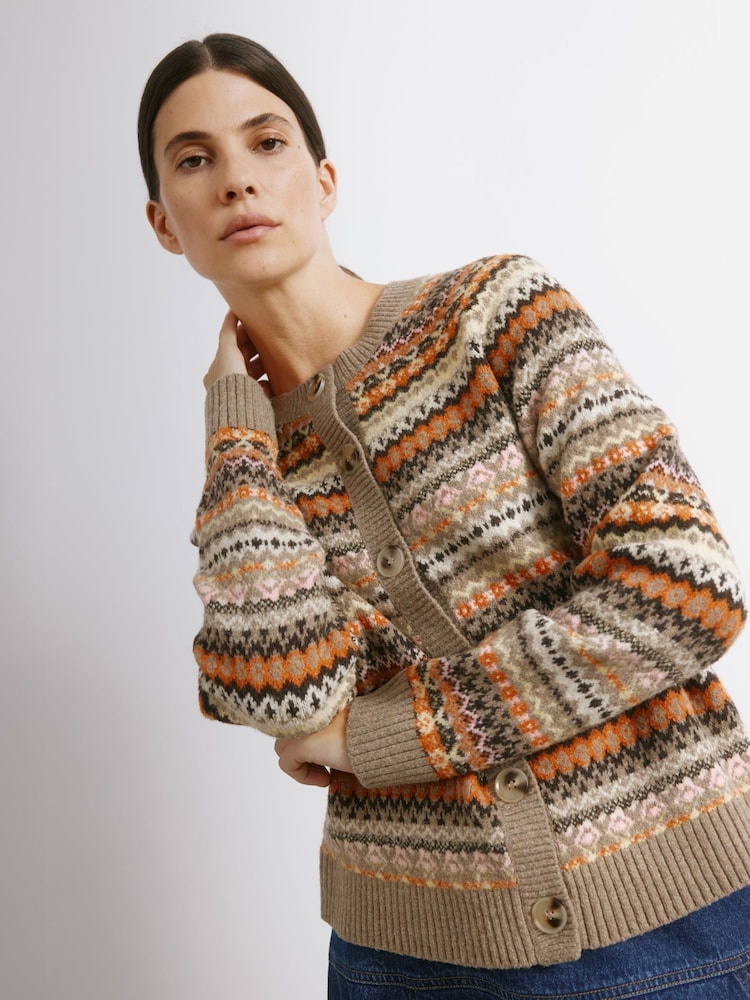 Albaray Fair Isle Pattern Crew Neutral Cardigan - Image 1 of 4 Albaray Fair Isle Pattern Crew Neutral Cardigan - Image 1 of 4