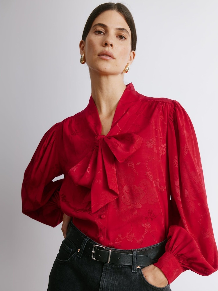 Albaray Red Jacquard Satin Tie Neck Blouse - Image 1 of 4