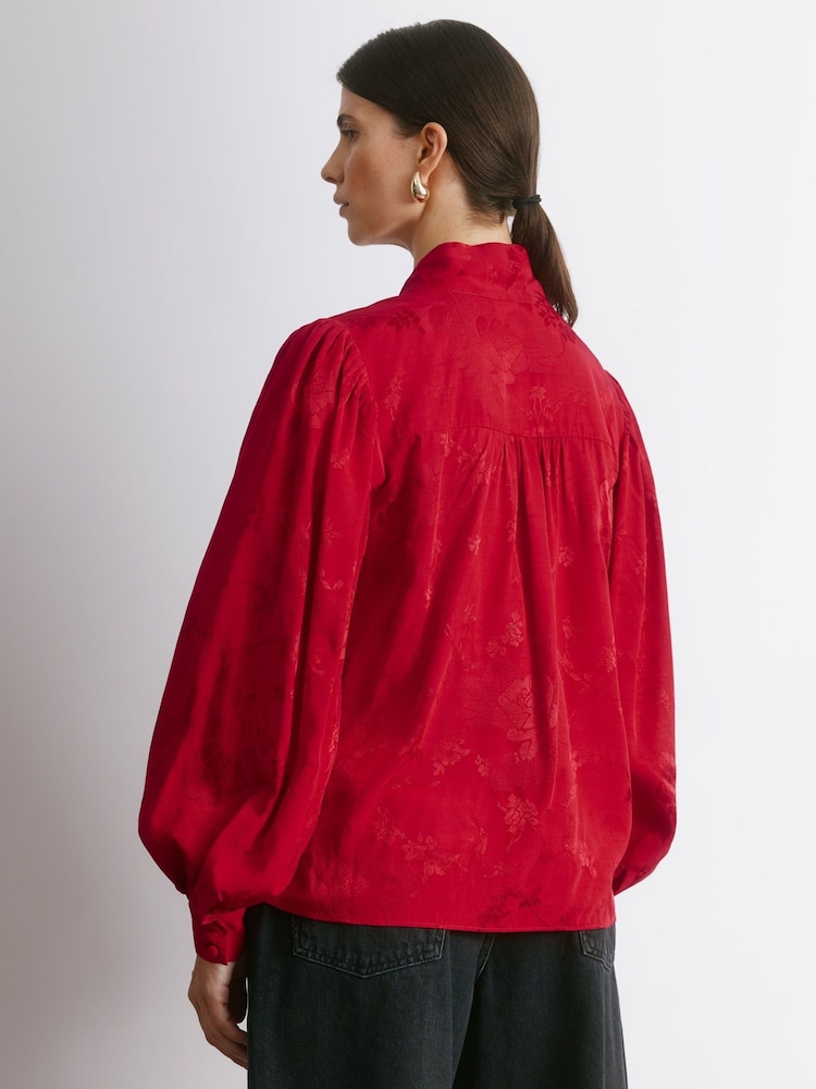 Albaray Red Jacquard Satin Tie Neck Blouse - Image 2 of 4