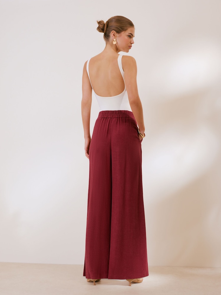 Friends Like These X Lucy Mecklenburgh Burgundy Red Petite Super Wide Leg Trousers with Linen - Image 5 of 5
