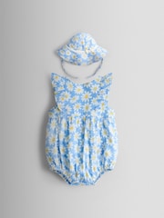 JoJo Maman Bébé Blue Daisy Seersucker Frill Romper & Hat Set - Image 1 of 7