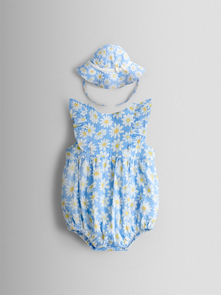 JoJo Maman Bébé Blue Daisy Seersucker Frill Romper & Hat Set - Image 1 of 7