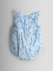 JoJo Maman Bébé Blue Daisy Seersucker Frill Romper & Hat Set - Image 3 of 7