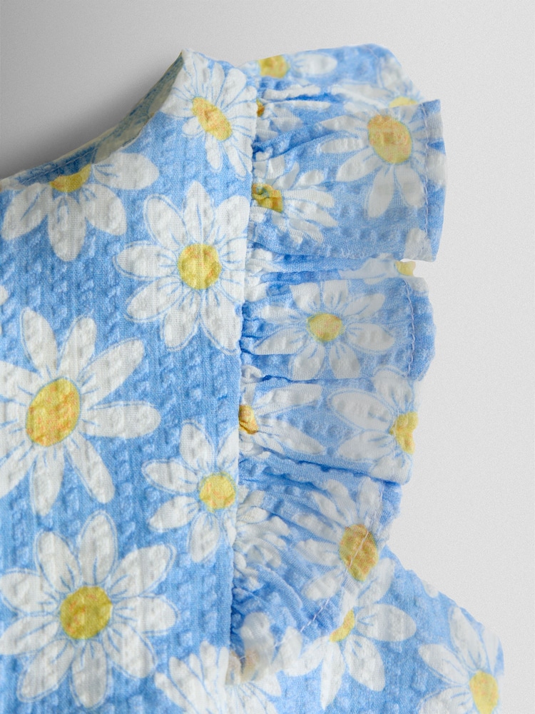 JoJo Maman Bébé Blue Daisy Seersucker Frill Romper & Hat Set - Image 7 of 7