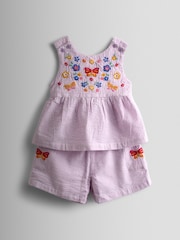 JoJo Maman Bébé Lilac Purple Butterfly Cross Back Embroidered Top & Short Set - Image 1 of 7