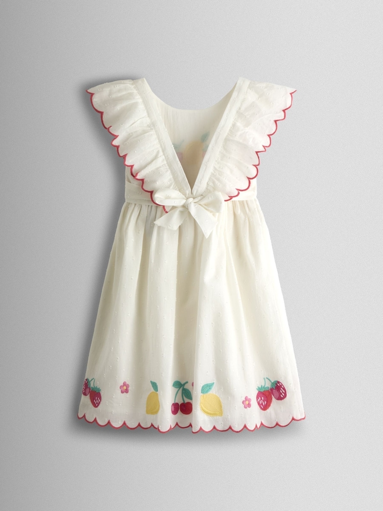 JoJo Maman Bébé White Fruit Applique V back Frill Dress - Image 2 of 4 JoJo Maman Bébé White Fruit Applique V back Frill Dress - Image 2 of 4